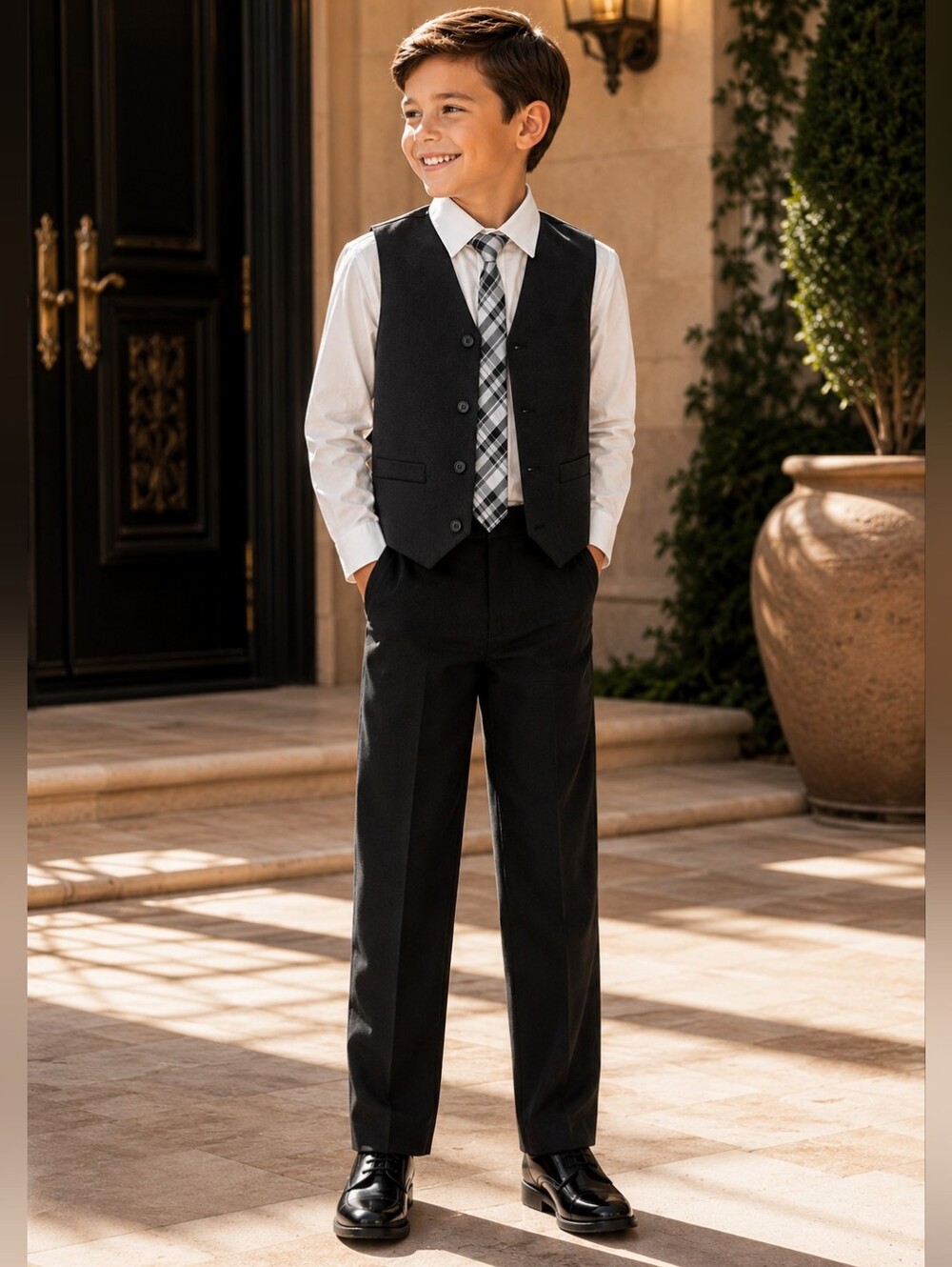 NWT! Van Heusen Boys Black Vest Set Size 8 Regular 4-Piece Suit Outfit
